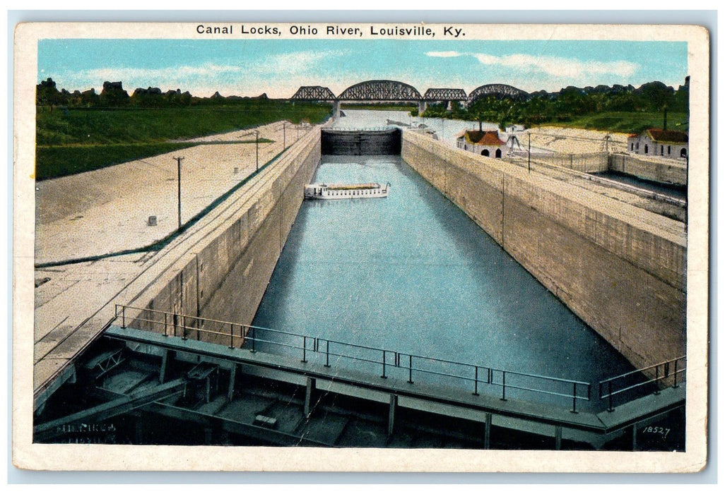 c1920's Canal Locks Ohio River Truss Bridge Ship Louisville Kentucky KY Postcard