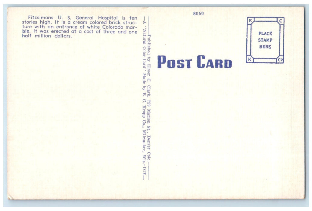 c1940's Fitzsimons US General Hospital Building Road Denver Colorado CO Postcard