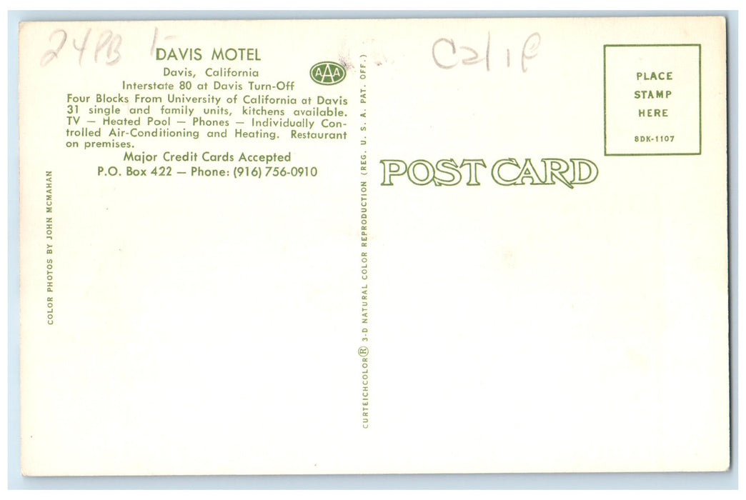 c1950 Davis Motel Restaurant Swimming Pool Kids Entrance California CA Postcard