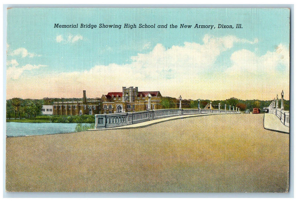 c1940 Memorial Bridge High School & New Armory River Dixon Illinois IL Postcard