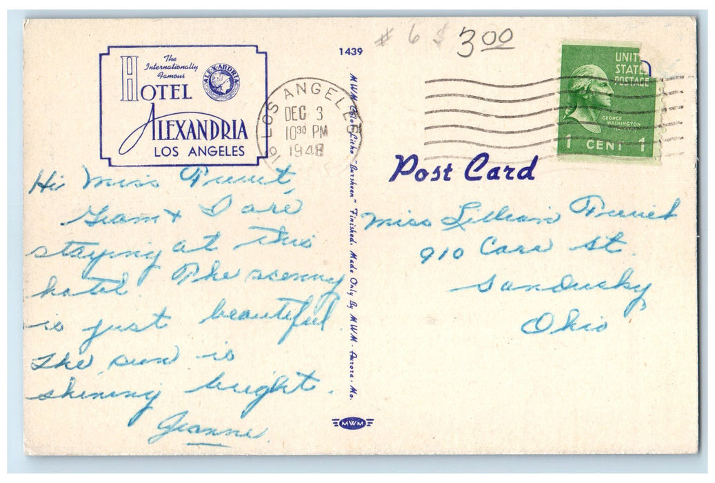 1948 Hotel Alexandria & Restaurant Building Garage View Los Angeles CA Postcard