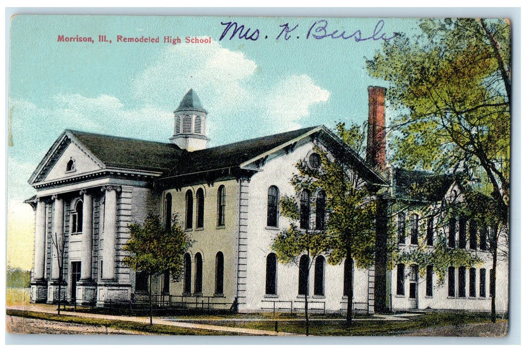 c1910's Remodeled High School Campus Building Smokestacks Morrison IL Postcard