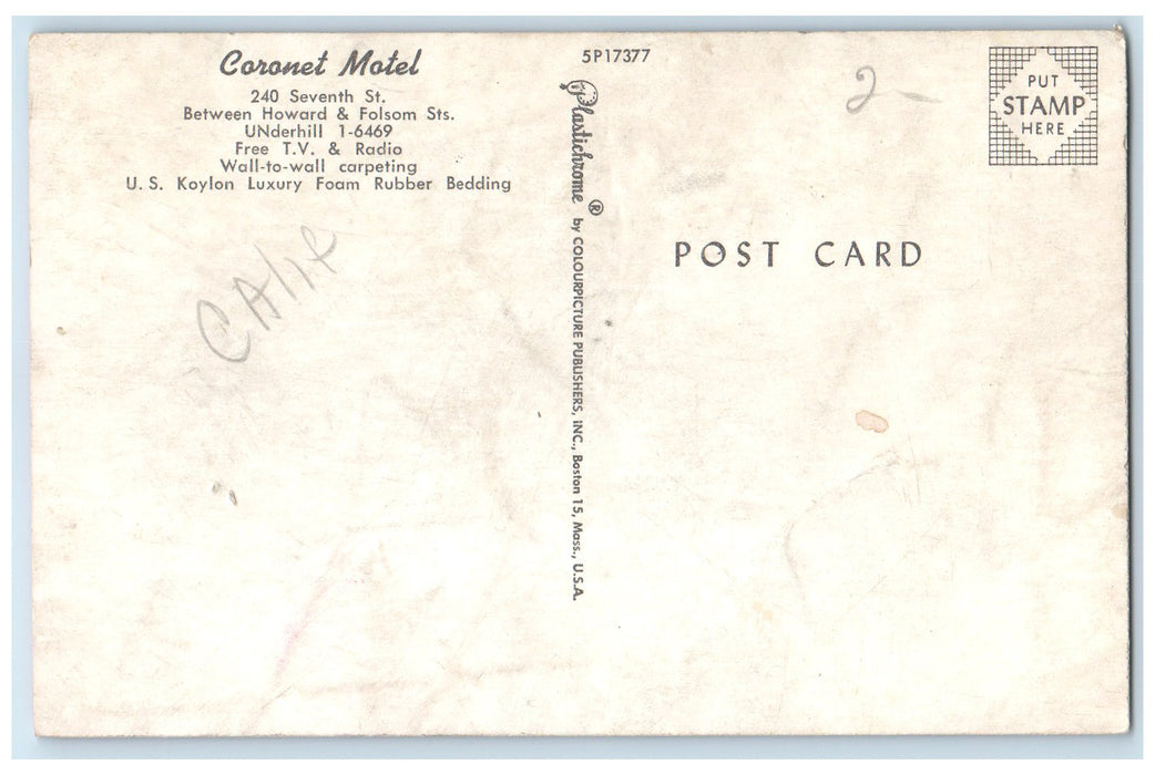 c1950's Coronet Motel & Restaurant Entrance San Francisco California CA Postcard
