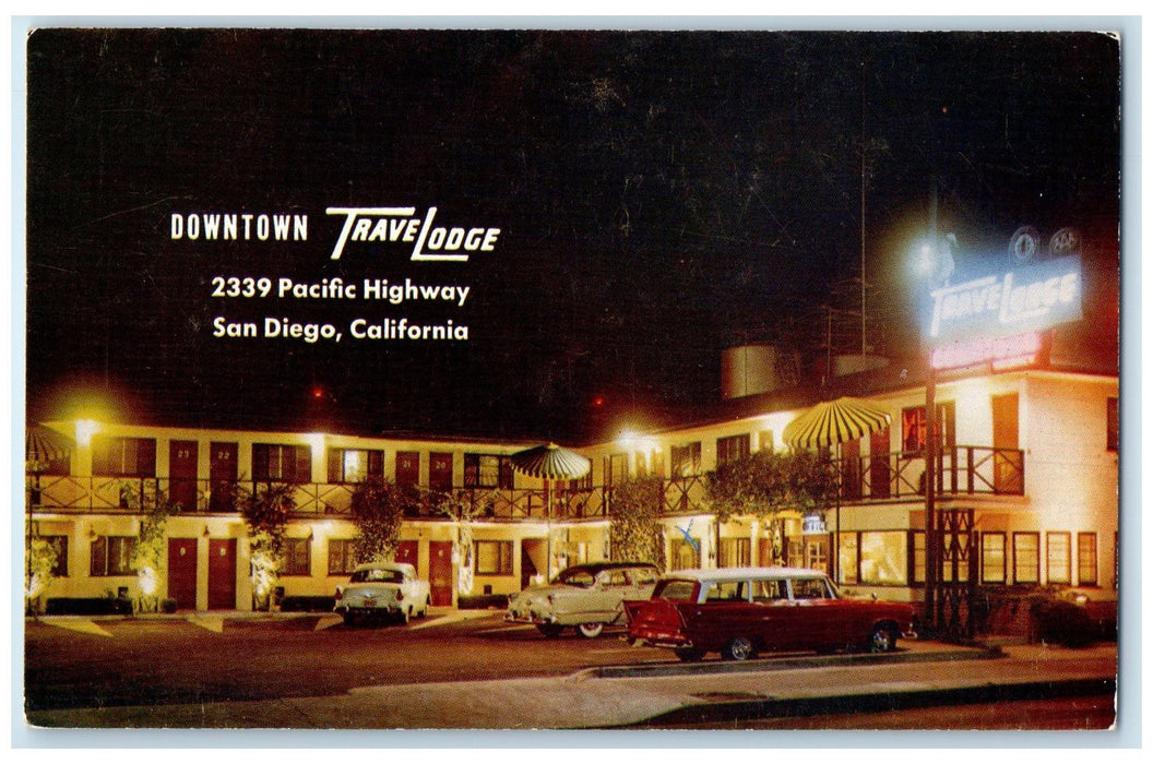 c1950's Downtown Travel Lodge At Night Hotel Restaurant San Diego CA Postcard