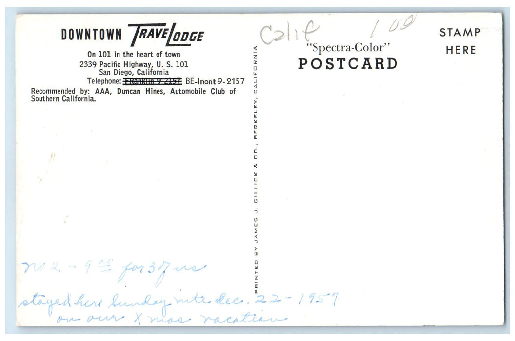 c1950's Downtown Travel Lodge At Night Hotel Restaurant San Diego CA Postcard