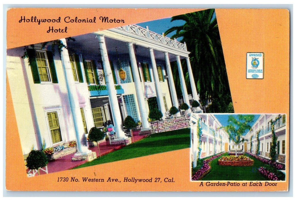 1951 Hollywood Colonial Motors Hotel Restaurant Hollywood California CA Postcard