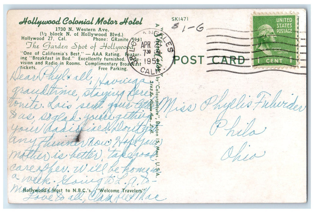 1951 Hollywood Colonial Motors Hotel Restaurant Hollywood California CA Postcard
