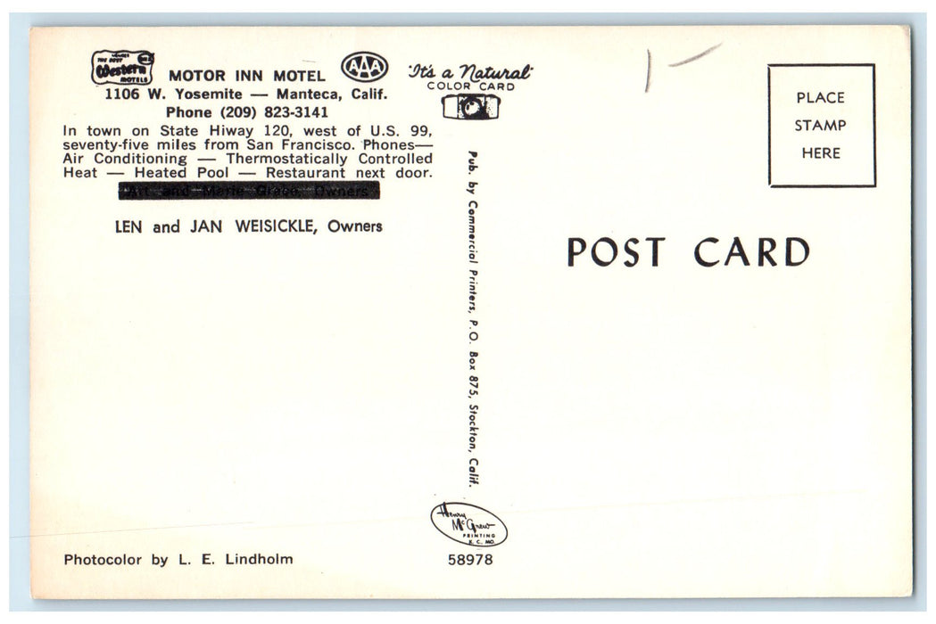 c1950 Motor Inn Motel Highway Restaurant Entrance Manteca California CA Postcard
