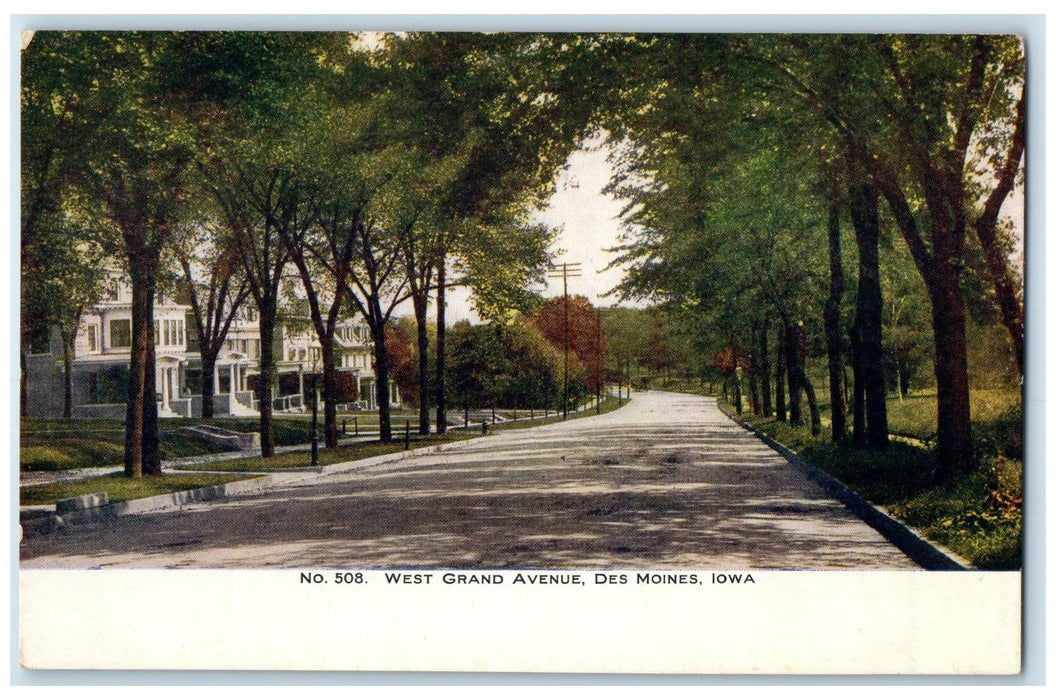 c1905 West Grand Avenue Dirt Road Lined Trees Houses Des Moines Iowa IA Postcard