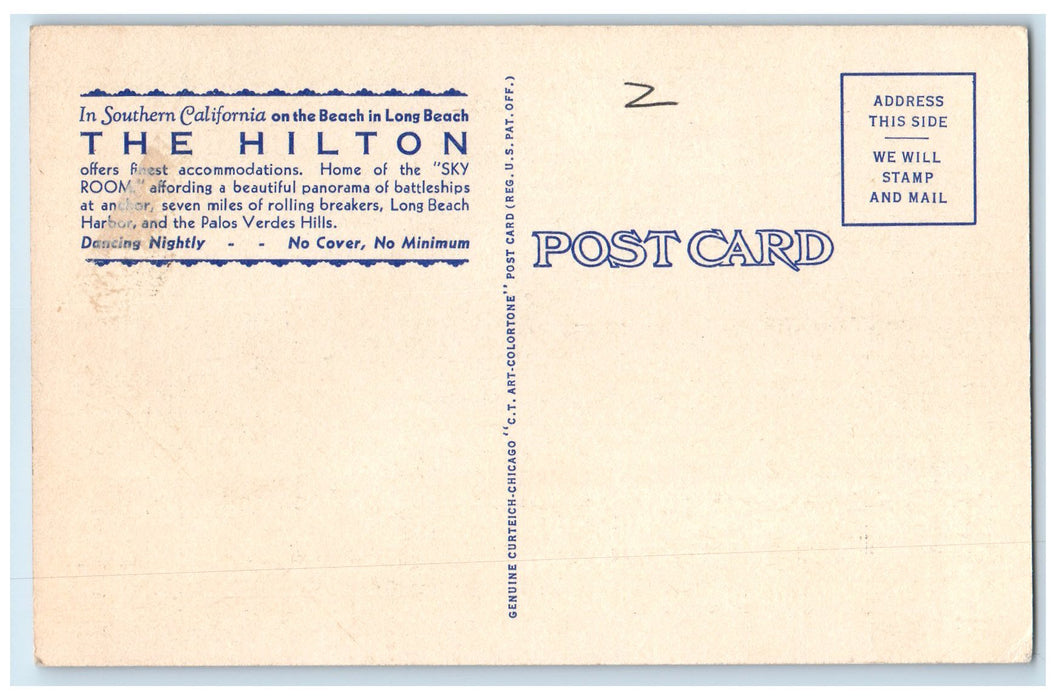 c1940's Hilton Hotel On The Beach Restaurant Long Beach California CA Postcard