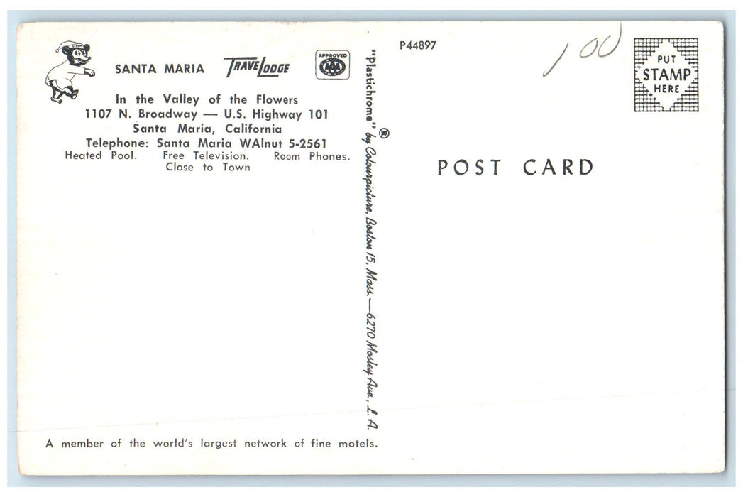 c1950's Santa Maria Travel Lodge Hotel Restaurant Pool Santa Maria CA Postcard