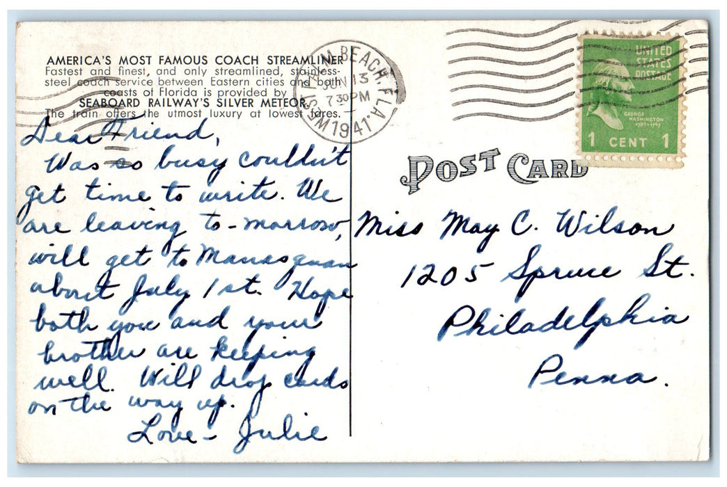 1941 Silver Meteors Train Railroad Pass In Scenic Highlands Florida FL Postcard