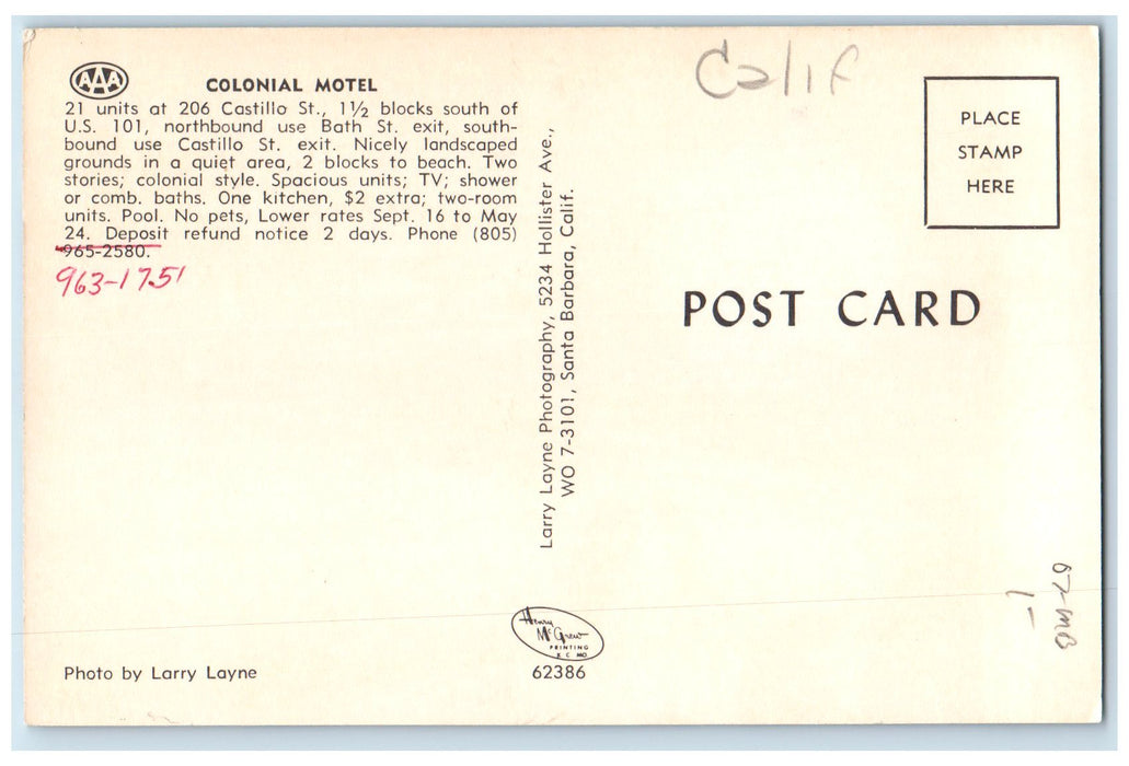 c1950's Colonial Motel & Restaurant Swimming Pool View Santa Barbara CA Postcard