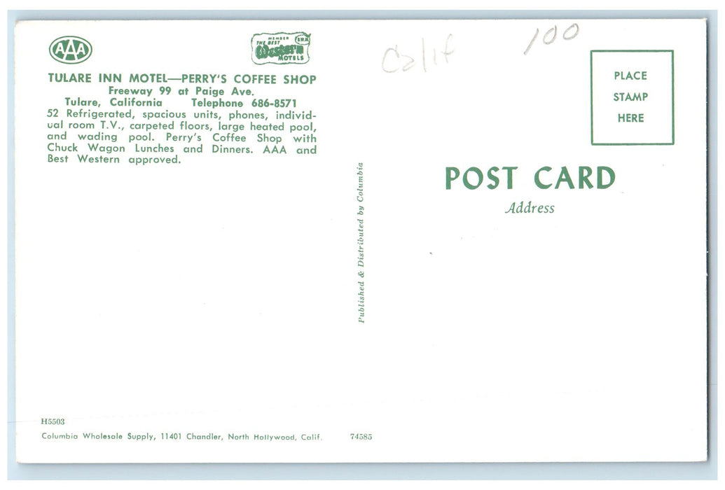 c1950's Tulare Inn Motel Perry's Coffee Shop Restaurant California CA Postcard