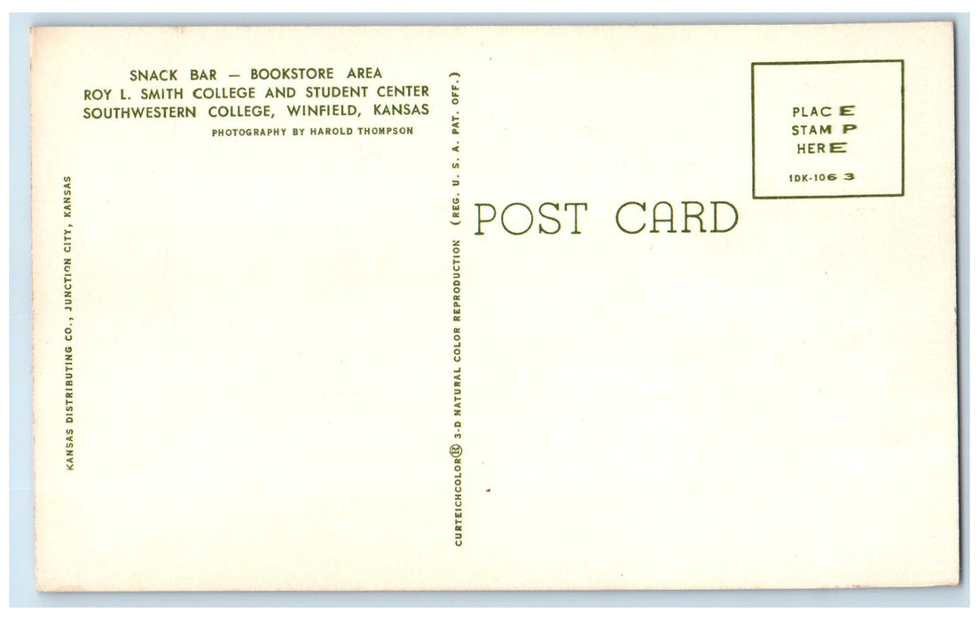 c1950's Snack Bar Canteen Southwestern College View Winfield Kansas KS Postcard