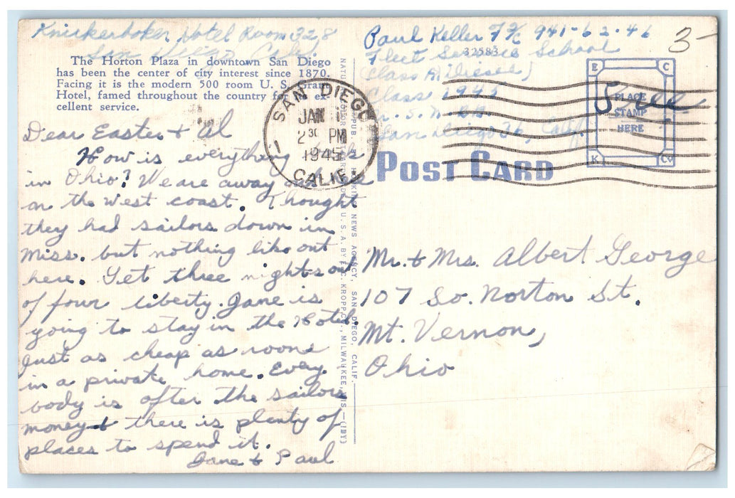 1945 US Grant Hotel & Plaza Restaurant Building San Diego California CA Postcard