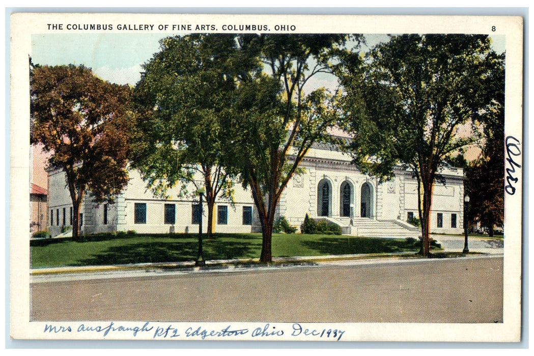 1937 Columbus Gallery Of Fine Arts Building Entrance Columbus Ohio OH Postcard