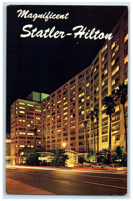 c1950's Statler Hilton Hotel & Restaurant At Night View Los Angeles CA Postcard