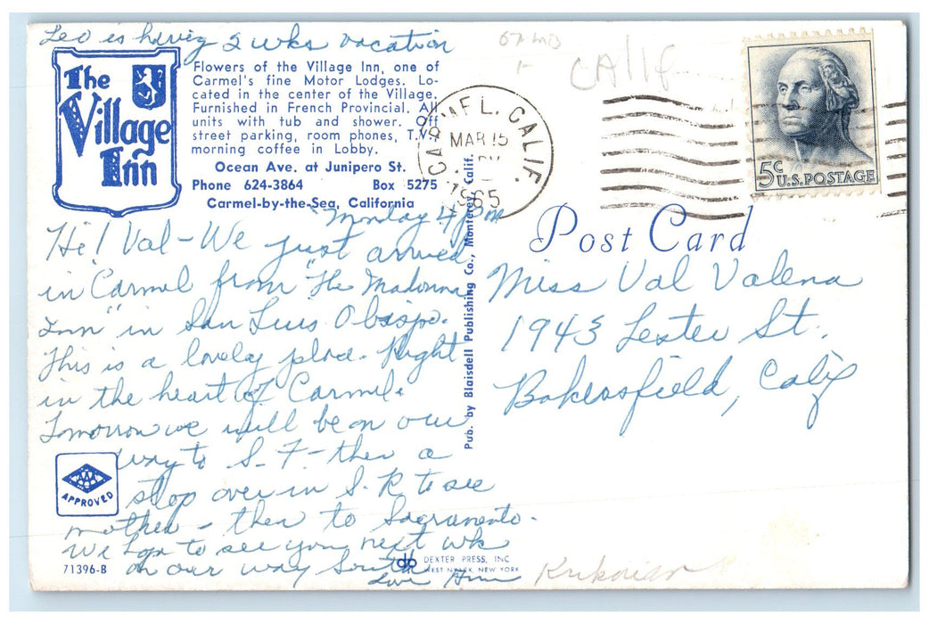 1965 The Village Inn Hotel & Restaurant Carmel By The Sea California CA Postcard