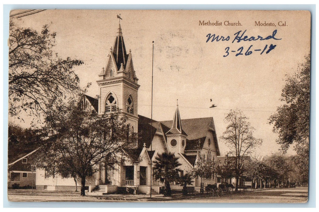 1917 Methodist Church Building Tower Dirt Road Modesto California CA Postcard