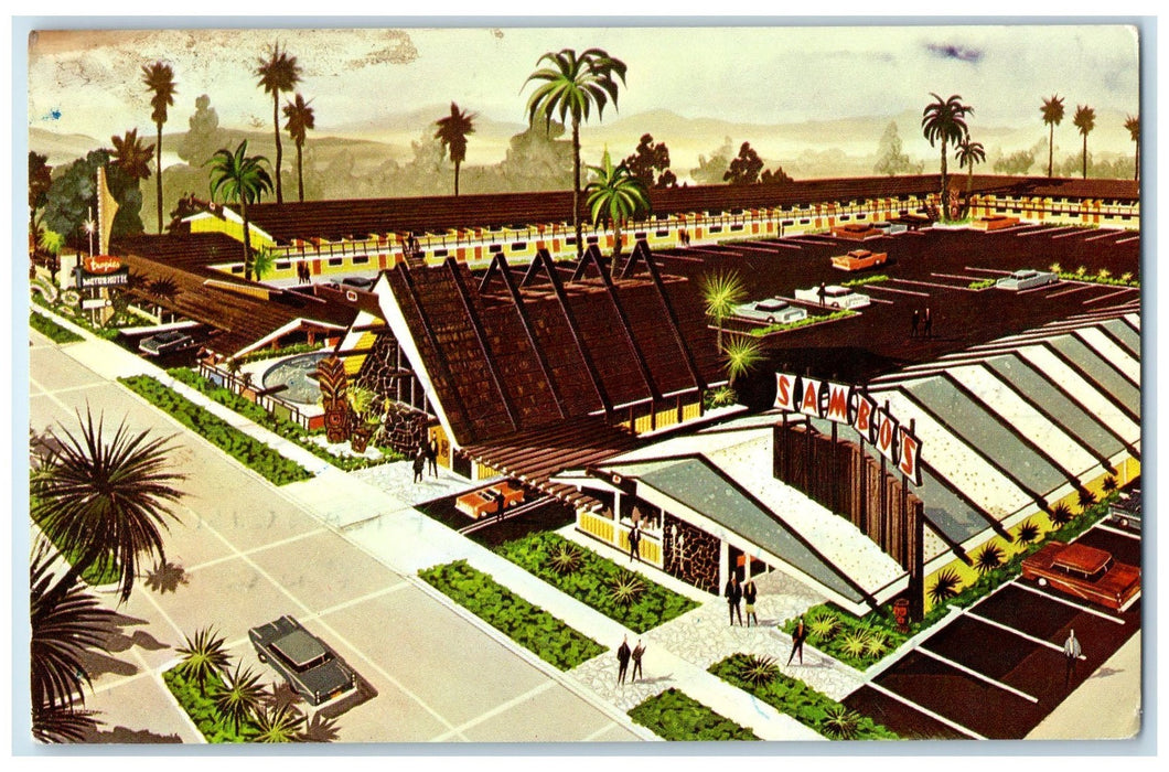1967 Tropics Motor Hotel Restaurant Aerial View Modesto California CA Postcard