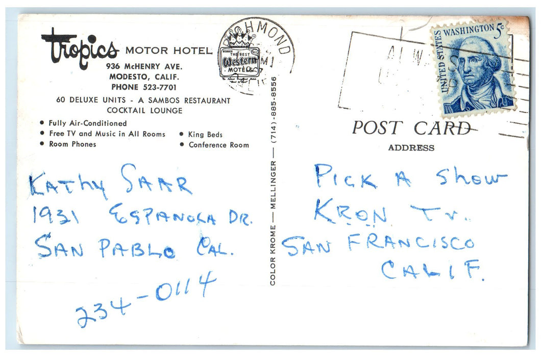 1967 Tropics Motor Hotel Restaurant Aerial View Modesto California CA Postcard