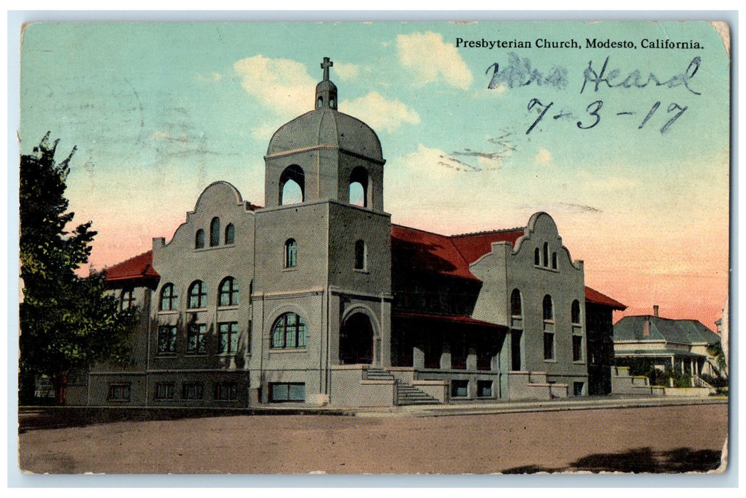 1917 Presbyterian Church Building Tower Dirt Road Modesto California CA Postcard