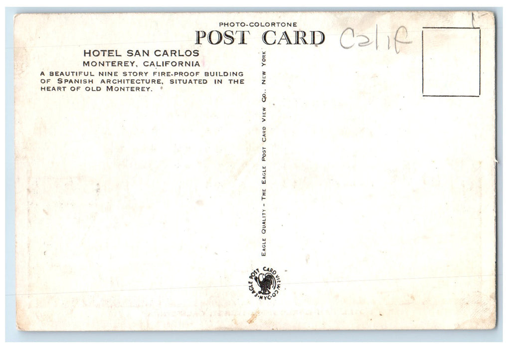 c1920 Hotel San Carlos Restaurant Building Steps Monterey California CA Postcard