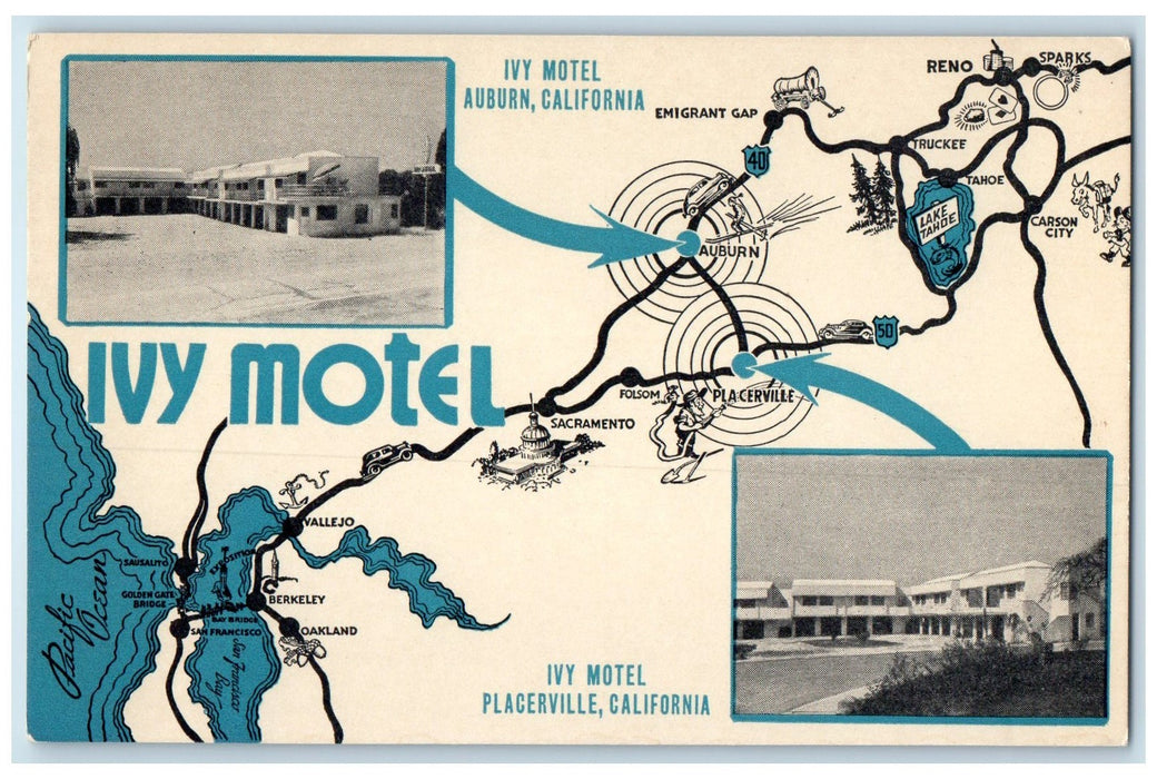 c1950's Ivy Motel Restaurant Location Map Building Auburn California CA Postcard