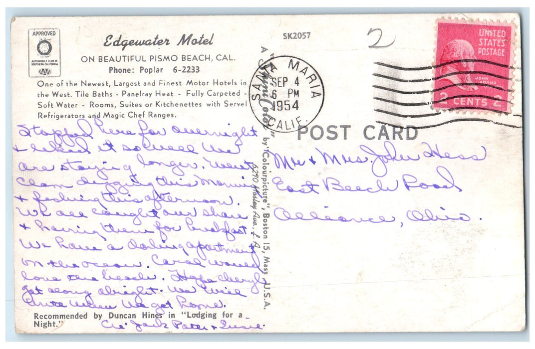 1954 Edge Water Motel Restaurant On Beautiful Pismo Beach California CA Postcard