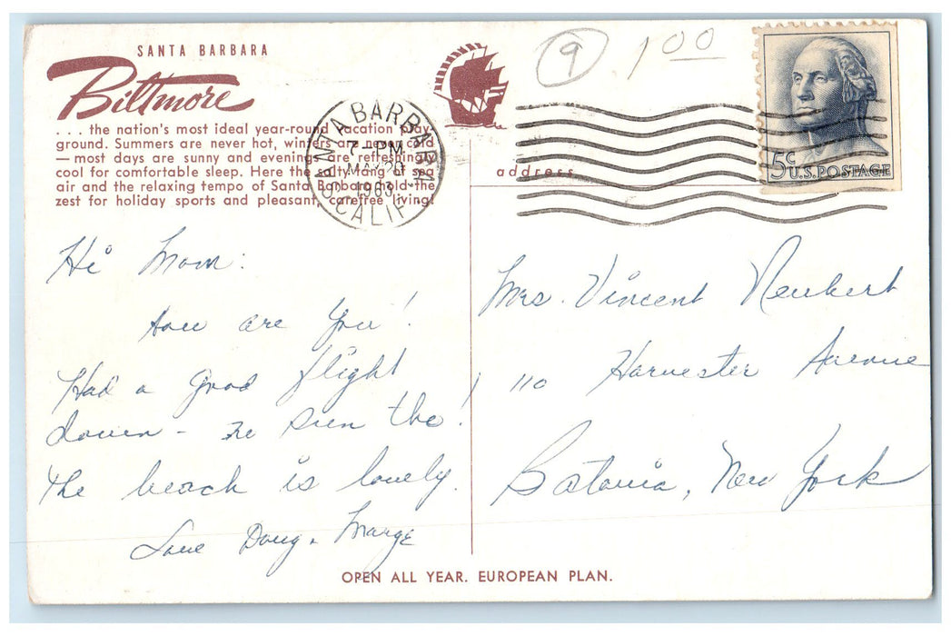1963 Santa Barbara Biltmore Hotel Restaurant Sea Side Santa Barbara CA Postcard