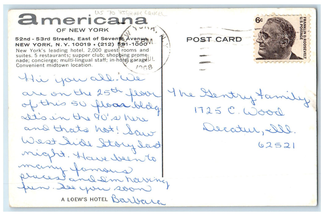 1968 Americana Of New York Hotel & Restaurant NY US 70 Highway Cancel Postcard