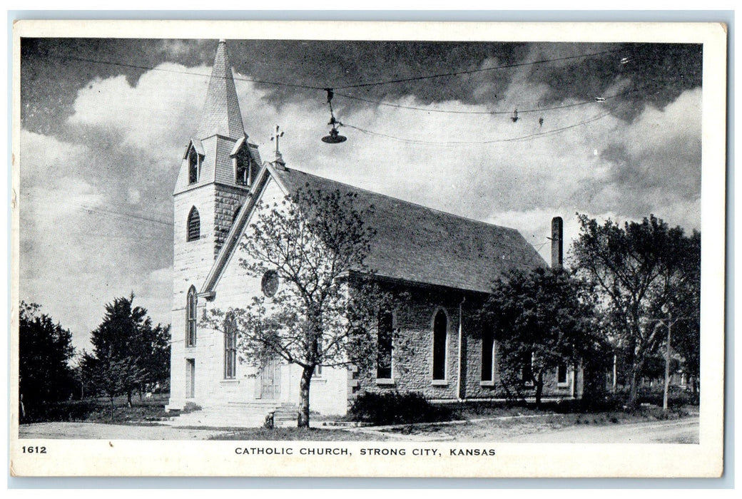 c1920 Catholic Church Building Cross Tower Trees Strong City Kansas KS Postcard