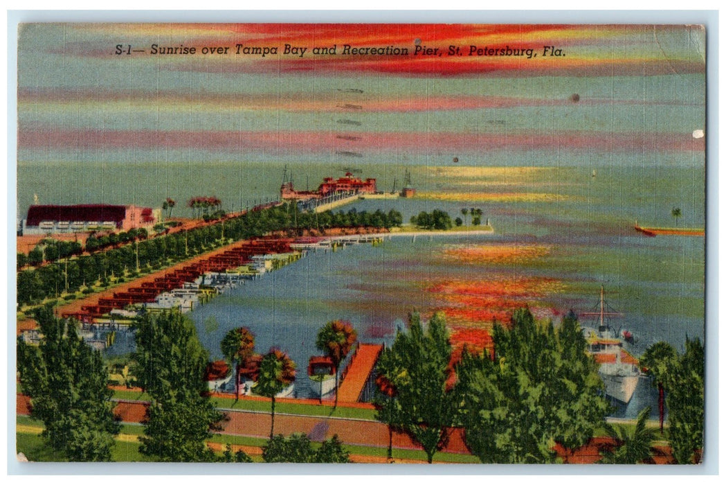 1956 Sunrise Over Tampa Bay & Recreation Pier St. Petersburg Florida FL Postcard