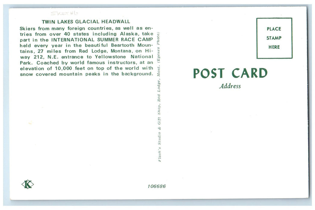c1950's Skiing Twin Lakes Glacial Headwall Summer Camp Yellowstone WY Postcard