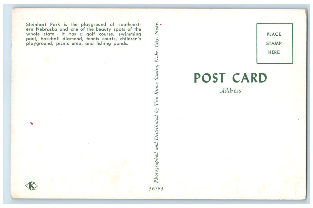 c1950's Steinhart Park Playground Steinhart Fishing Picnic Nebraska NE Postcard