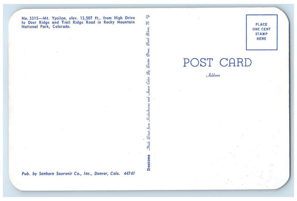 c1950's Mt. Ypsilon Trail Ridge Road In Rocky Mountain National Park CO Postcard