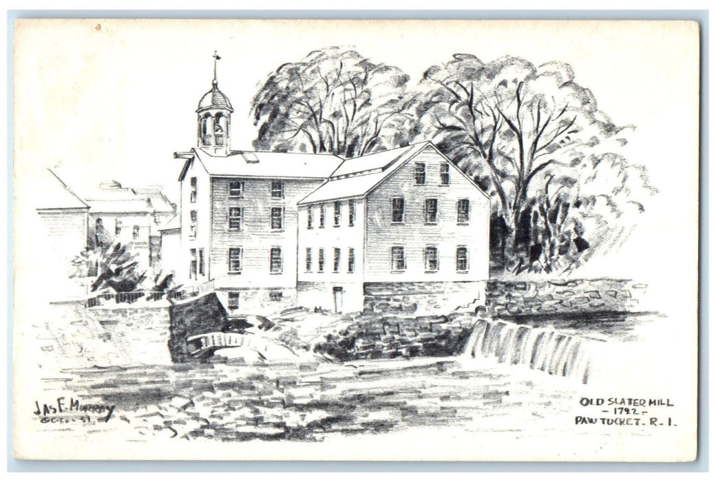 c1920's Old Slater Mill Jas F Murray Drawing Paw Tucket Rhode Island RI Postcard