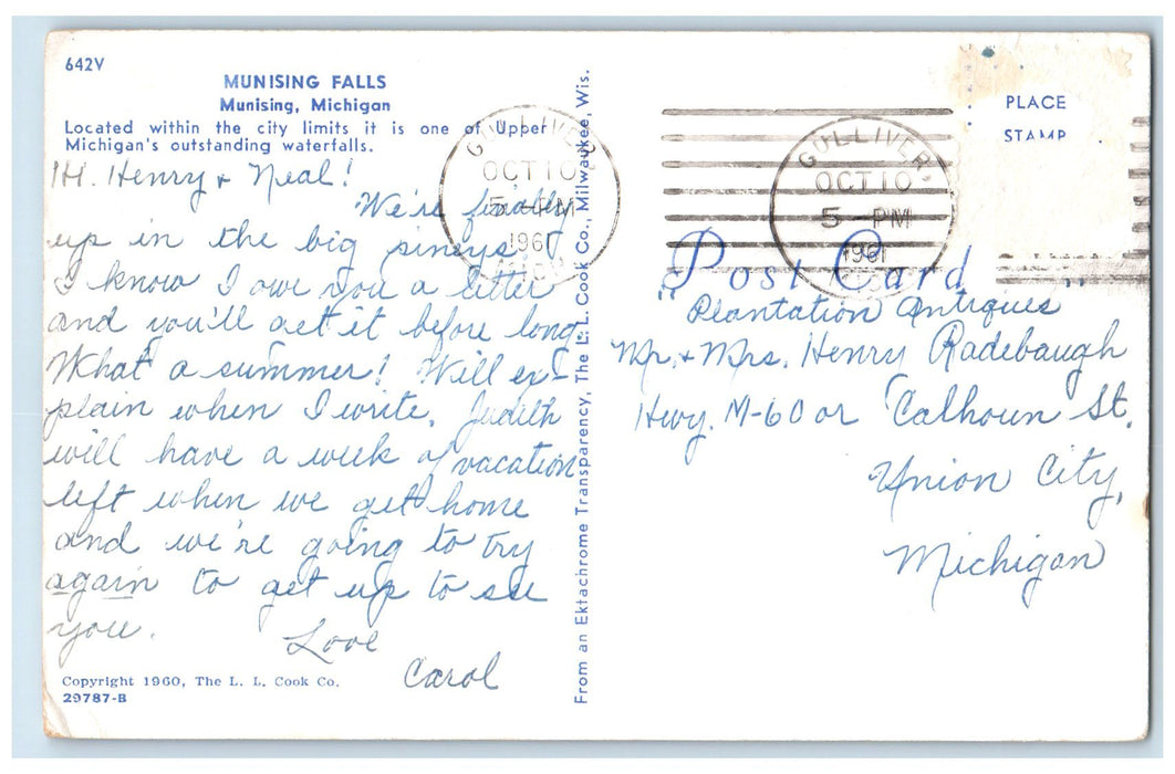 c1950's Munising Falls Outstanding Waterfalls View Munising Michigan MI Postcard