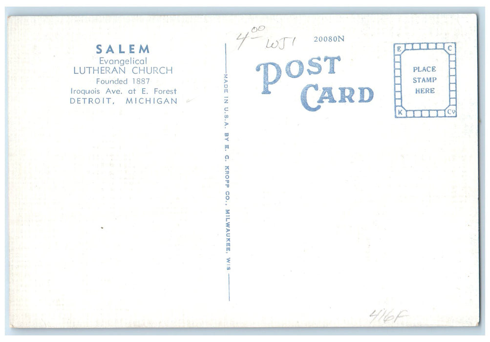 c1940's Salem Evangelical Lutheran Church Building Detroit Michigan MI Postcard