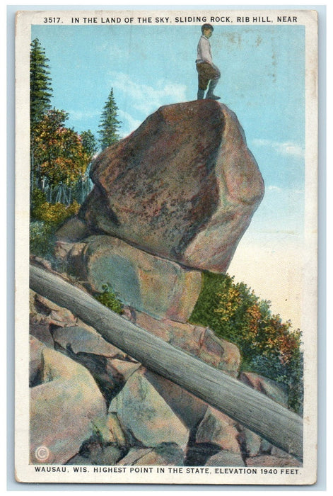 c1920's Boy Standing On Sliding Rock Rib Hill View Wausau Wisconsin WI Postcard