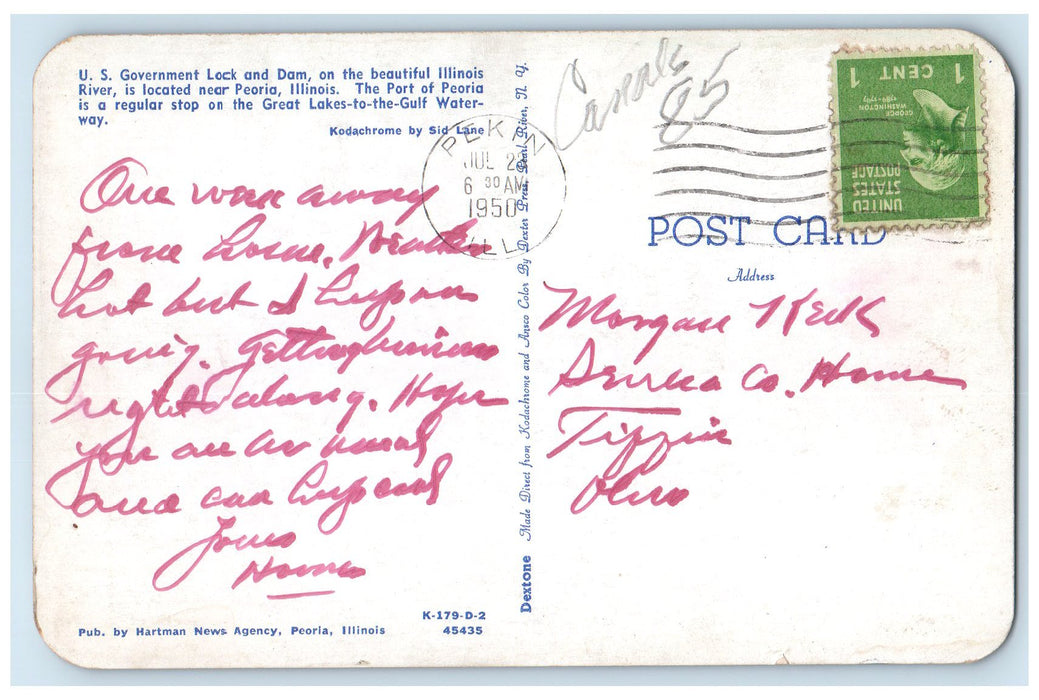 1950 US Government Lock & Dam River Gulf Water Way Peoria Illinois IL Postcard