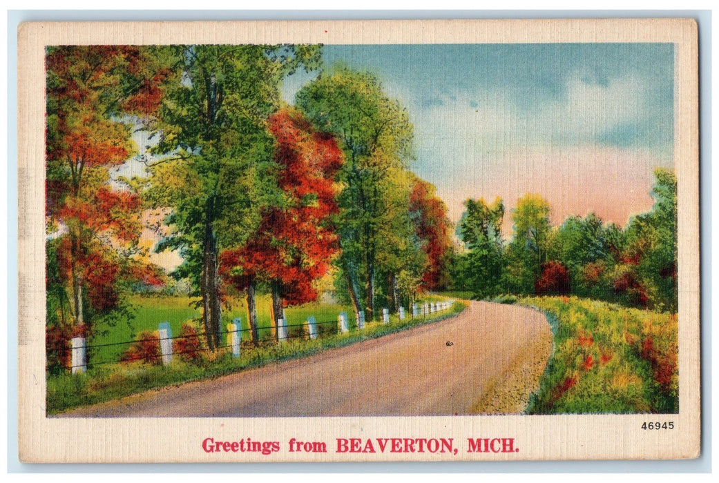 c1940's Greetings From Beaverton Dirt Curve Road Grove View Michigan MI Postcard