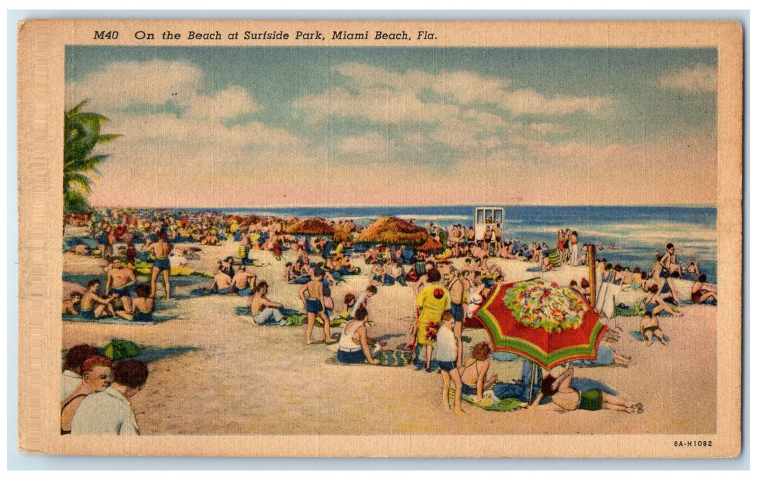 c1940's On Beach At Surfside Park Crowd Bathing Miami Beach Florida FL Postcard