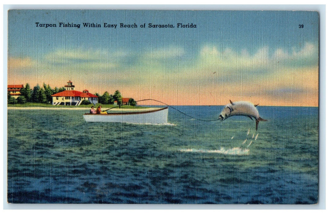 c1940's Tarpon Fishing Within Easy Reach Boat Of Sarasota Florida FL Postcard