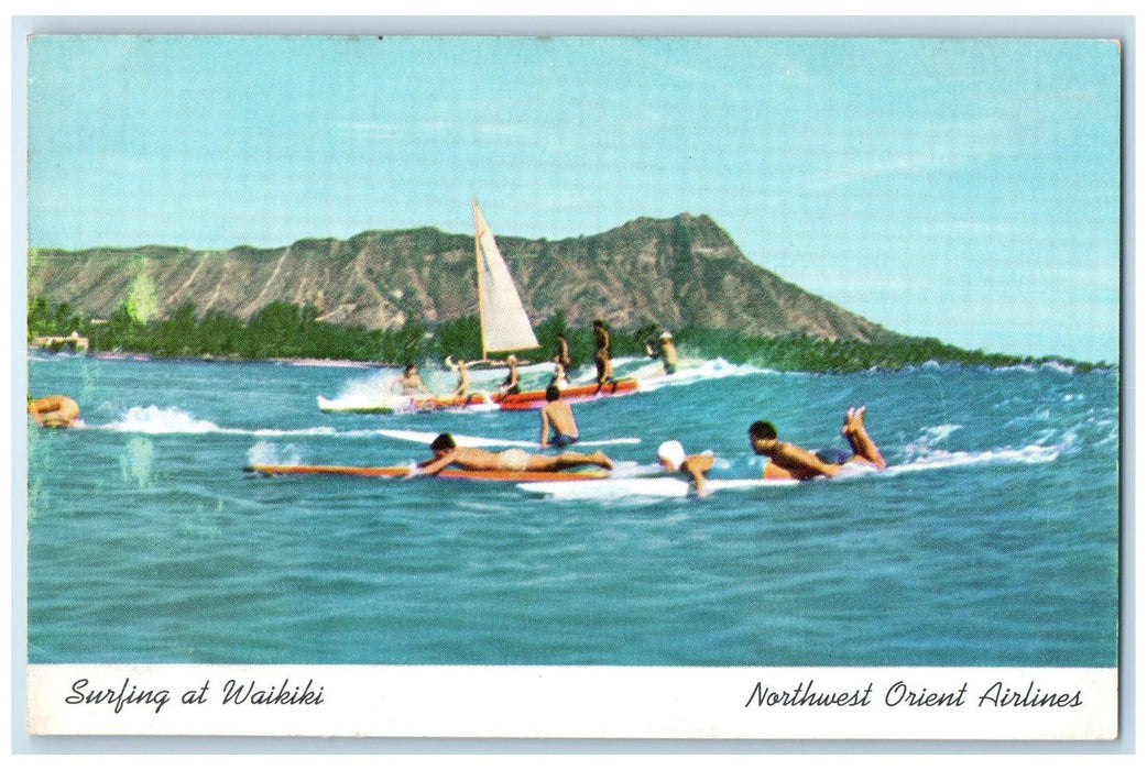 c1920's Northwest Orient Airlines Surfing At Waikiki Honolulu Hawaii HI Postcard