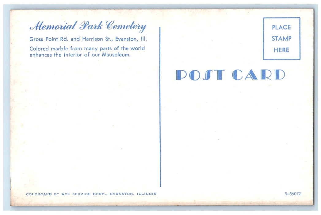 c1950's Memorial Park Cemetery Mausoleum Interior Evanston Illinois IL Postcard