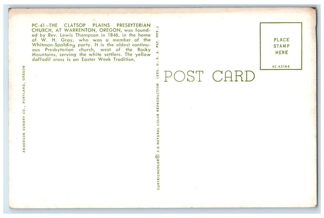 c1920's The Clatsop Plains Presbyterian Church Warrenton Oregon OR Postcard