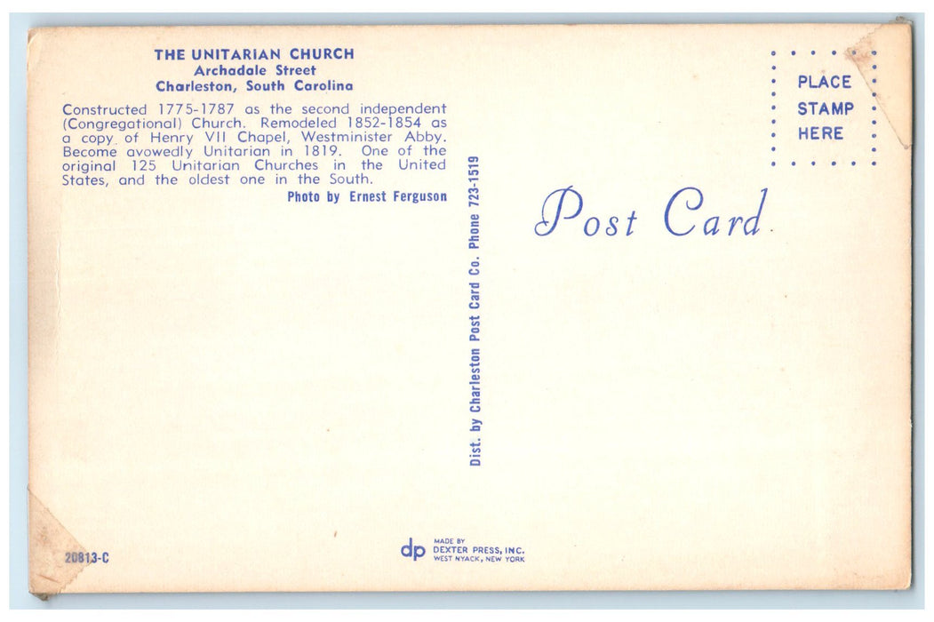c1950 The Unitarian Church Oldest In South Charleston South Carolina SC Postcard