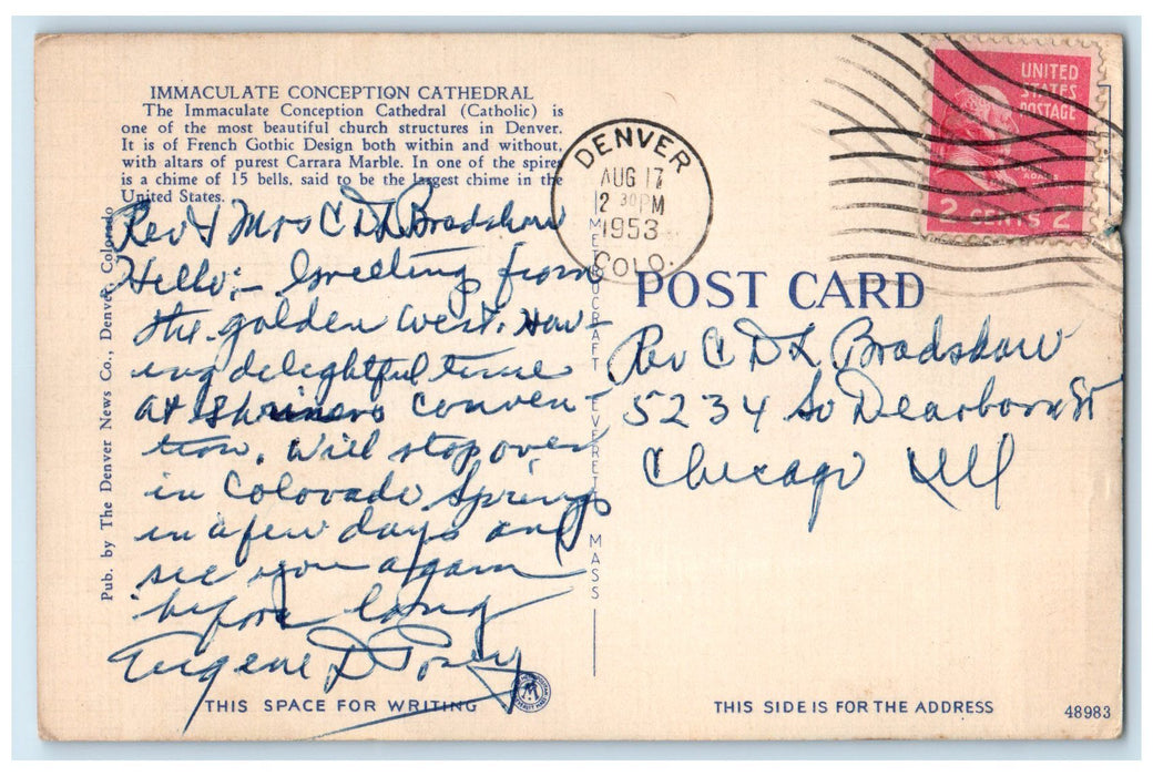1953 Immaculate Conception Cathedral Gothic Design Denver Colorado CO Postcard